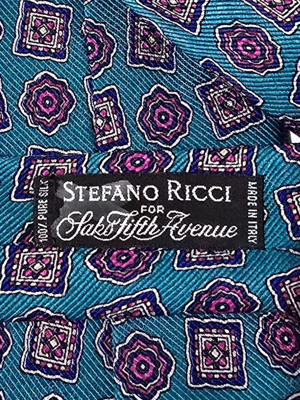 Steffano Ricci Made in Italy 100% Silk Necktie - Blue White Geo - 3 1/2